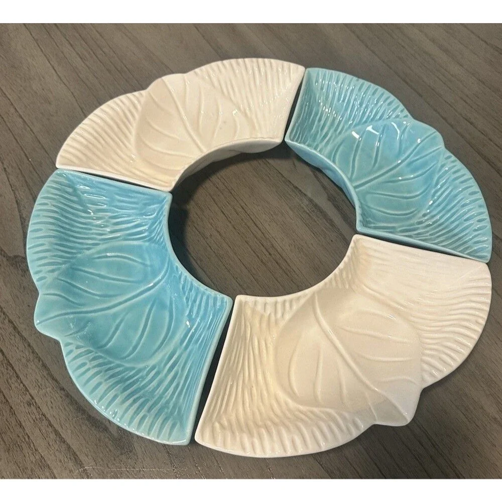 California Pottery Lazy Susan 4 Dish Snack Chip Dip Turquoise White 459 Vintage
